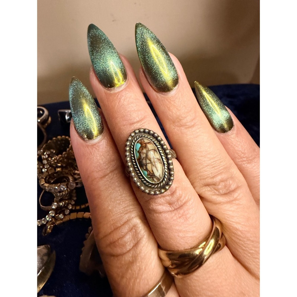 Southwestern Turquoise Matrix Oval Statement Ring Sterling Silver Rope Band